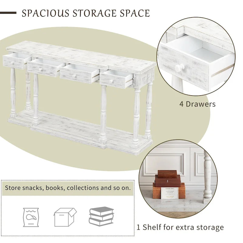Console de style rétro avec 4 tiroirs de rangement frontaux et 1 étagère