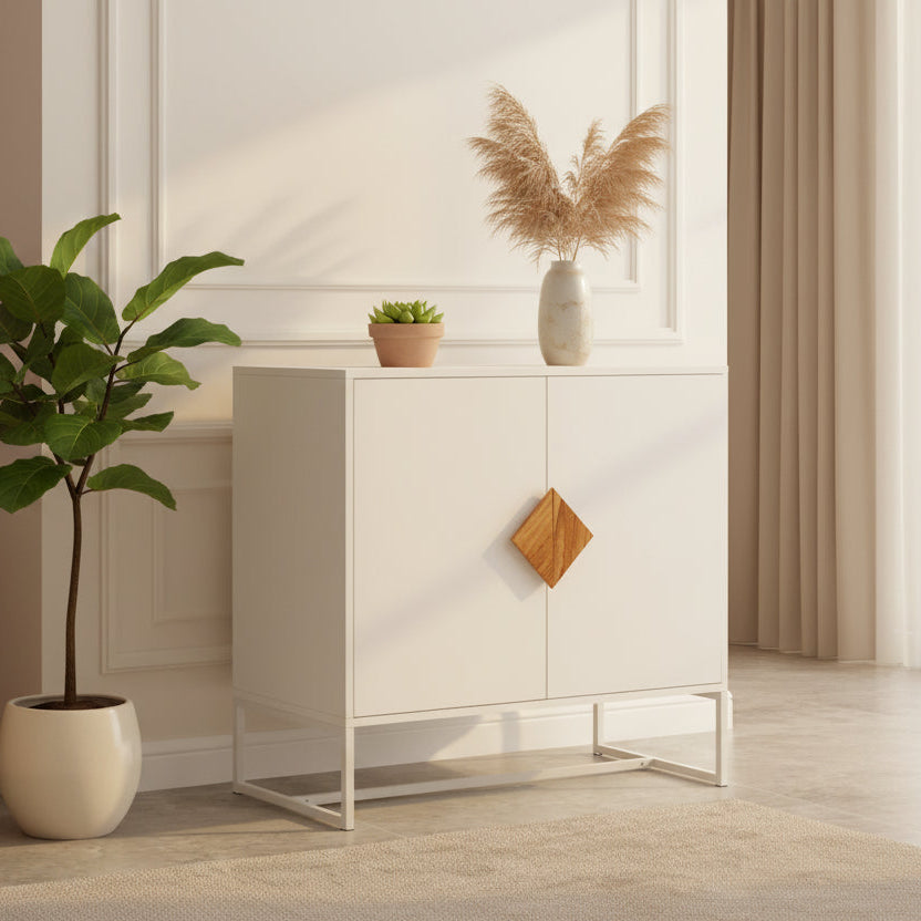 Solid wood square shape handle 2 doors sideboard