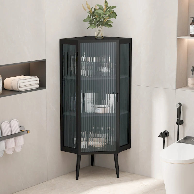 Meuble d'angle bas, 3 niveaux avec portes en verre trempé et étagères de rangement