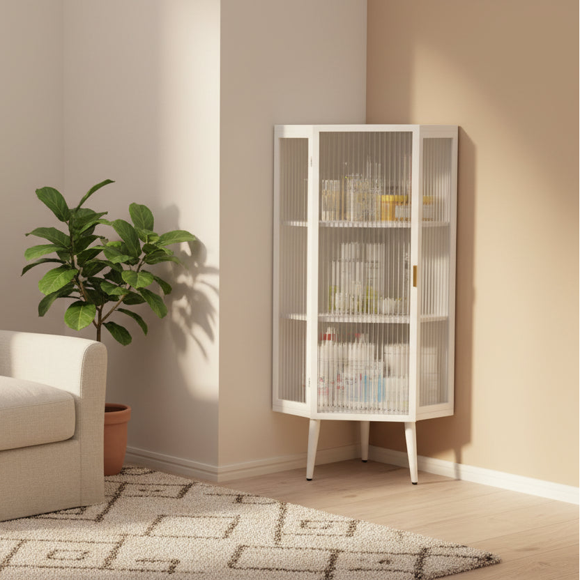Floor Coner Cabinet, 3 Tiers with Tempered Glass Doors and Storage Shelves