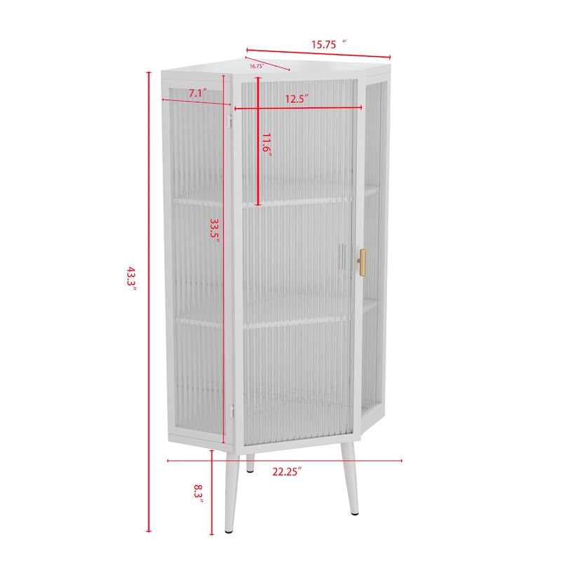 Meuble d'angle bas, 3 niveaux avec portes en verre trempé et étagères de rangement