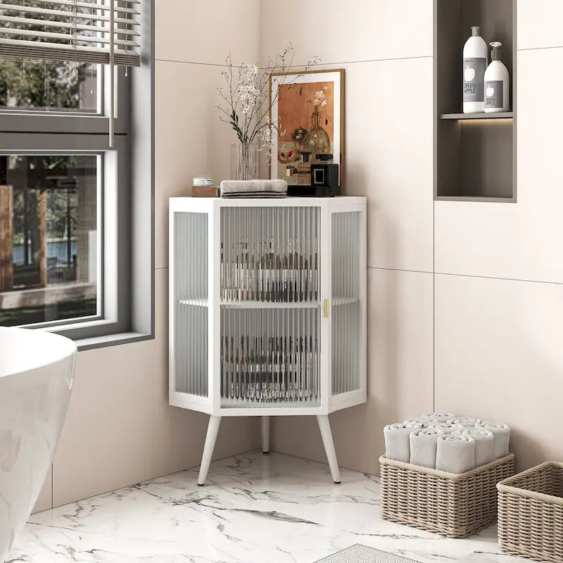 Meuble d'angle bas, 3 niveaux avec portes en verre trempé et étagères de rangement