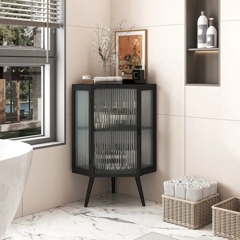 Meuble d'angle bas, 3 niveaux avec portes en verre trempé et étagères de rangement