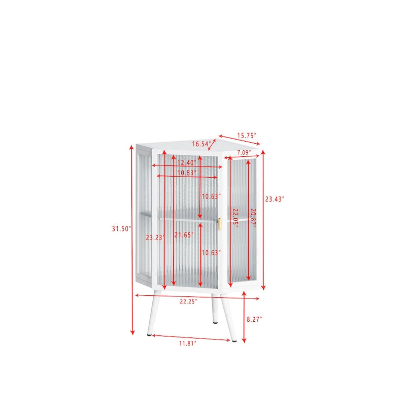 Meuble d'angle bas, 3 niveaux avec portes en verre trempé et étagères de rangement