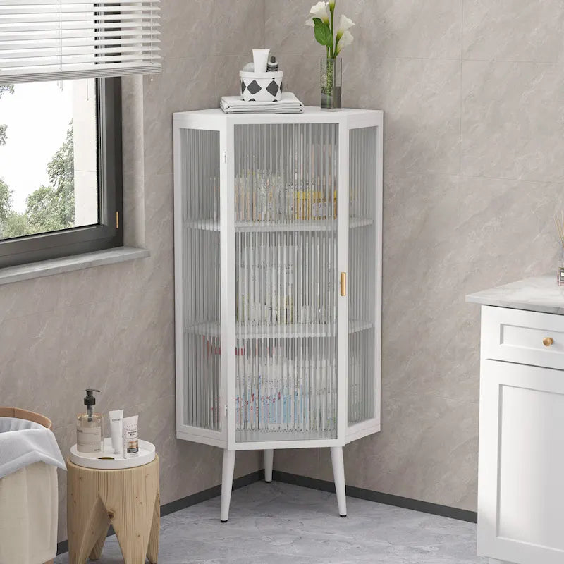 Meuble d'angle bas, 3 niveaux avec portes en verre trempé et étagères de rangement