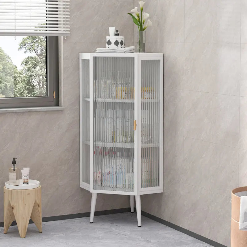 Meuble d'angle bas, 3 niveaux avec portes en verre trempé et étagères de rangement