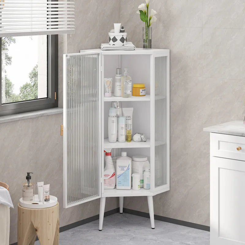 Meuble d'angle bas, 3 niveaux avec portes en verre trempé et étagères de rangement