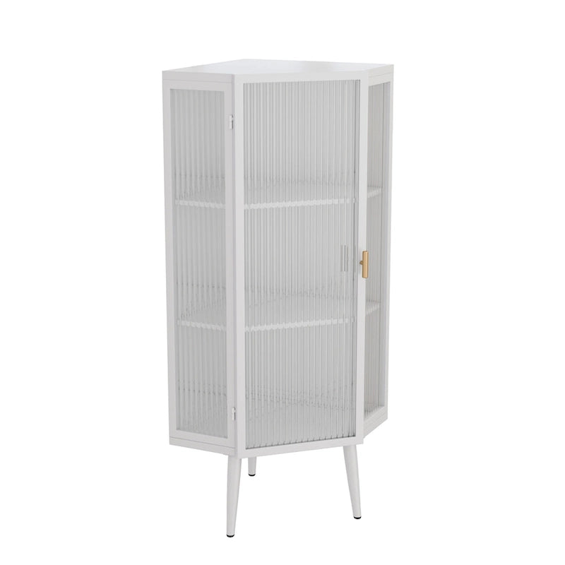 Meuble d'angle bas, 3 niveaux avec portes en verre trempé et étagères de rangement