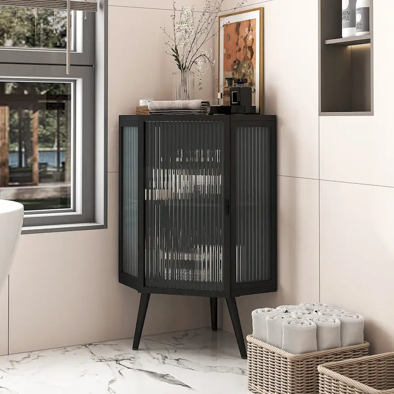 Meuble d'angle bas, 3 niveaux avec portes en verre trempé et étagères de rangement
