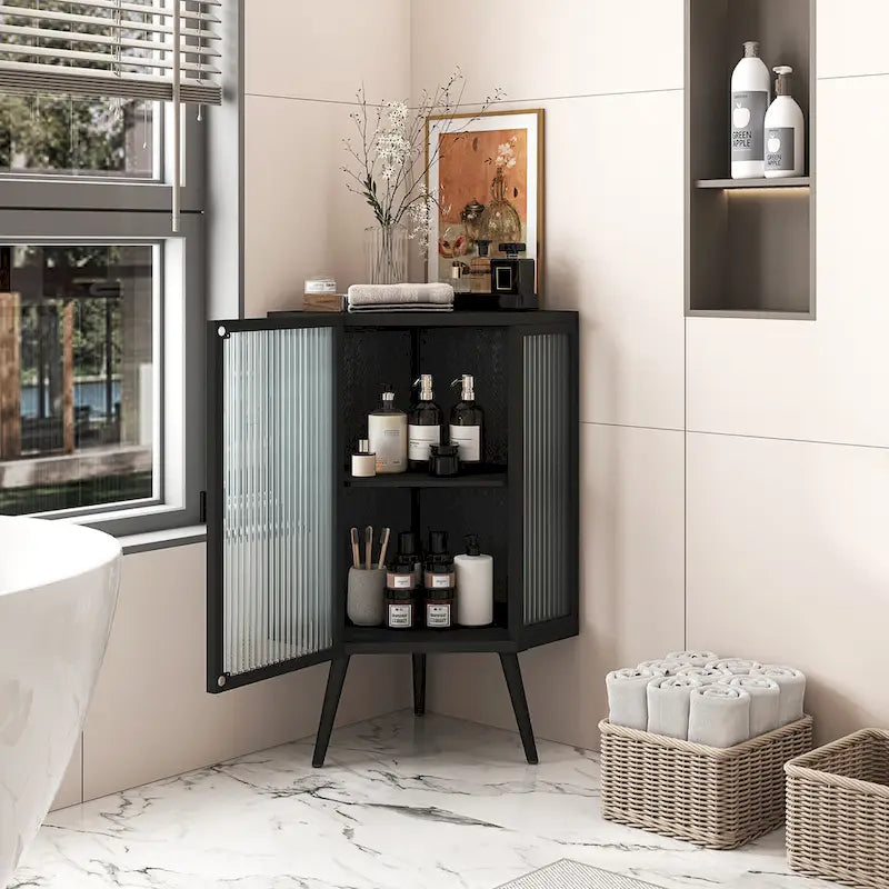 Meuble d'angle bas, 3 niveaux avec portes en verre trempé et étagères de rangement