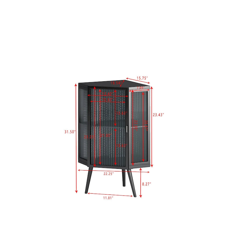 Meuble d'angle bas, 3 niveaux avec portes en verre trempé et étagères de rangement