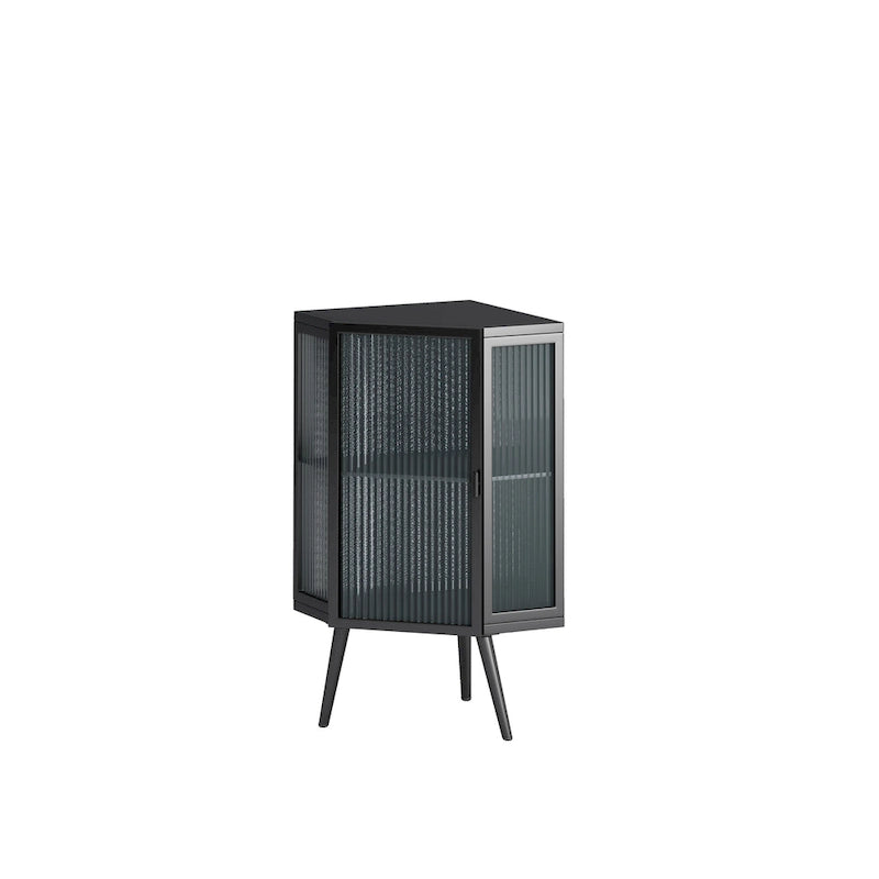 Meuble d'angle bas, 3 niveaux avec portes en verre trempé et étagères de rangement