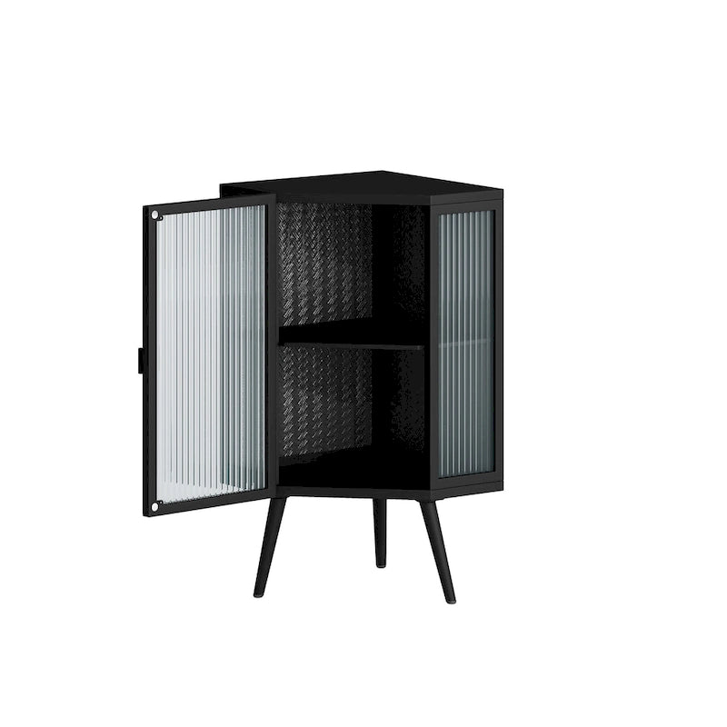 Meuble d'angle bas, 3 niveaux avec portes en verre trempé et étagères de rangement