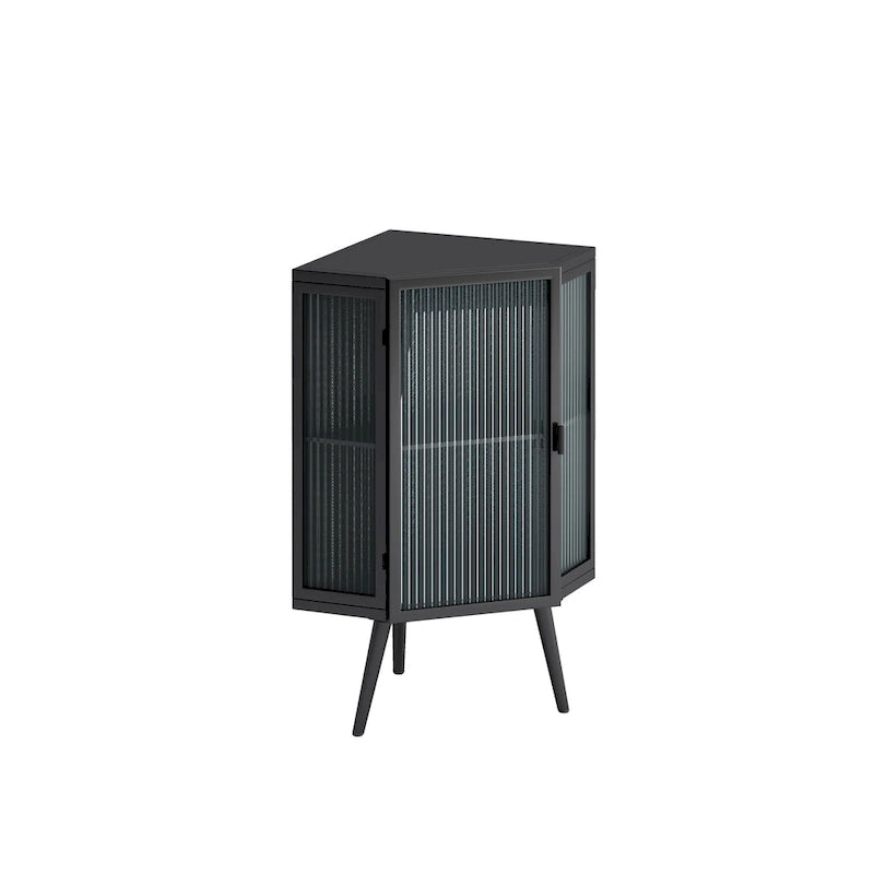 Meuble d'angle bas, 3 niveaux avec portes en verre trempé et étagères de rangement