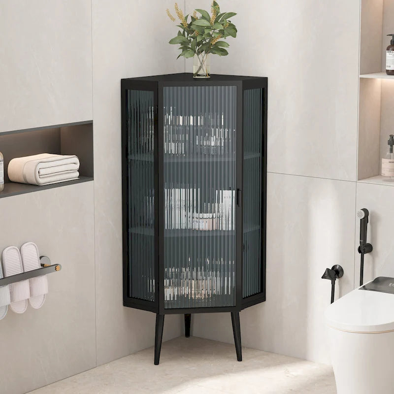 Meuble d'angle bas, 3 niveaux avec portes en verre trempé et étagères de rangement