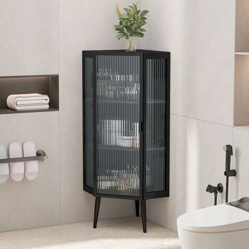 Meuble d'angle bas, 3 niveaux avec portes en verre trempé et étagères de rangement