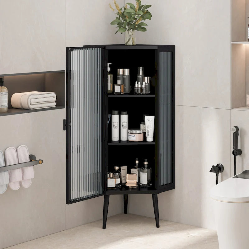 Meuble d'angle bas, 3 niveaux avec portes en verre trempé et étagères de rangement