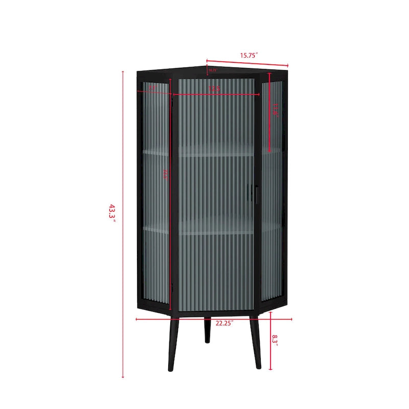 Meuble d'angle bas, 3 niveaux avec portes en verre trempé et étagères de rangement