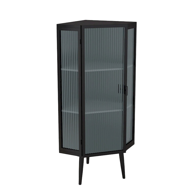 Meuble d'angle bas, 3 niveaux avec portes en verre trempé et étagères de rangement