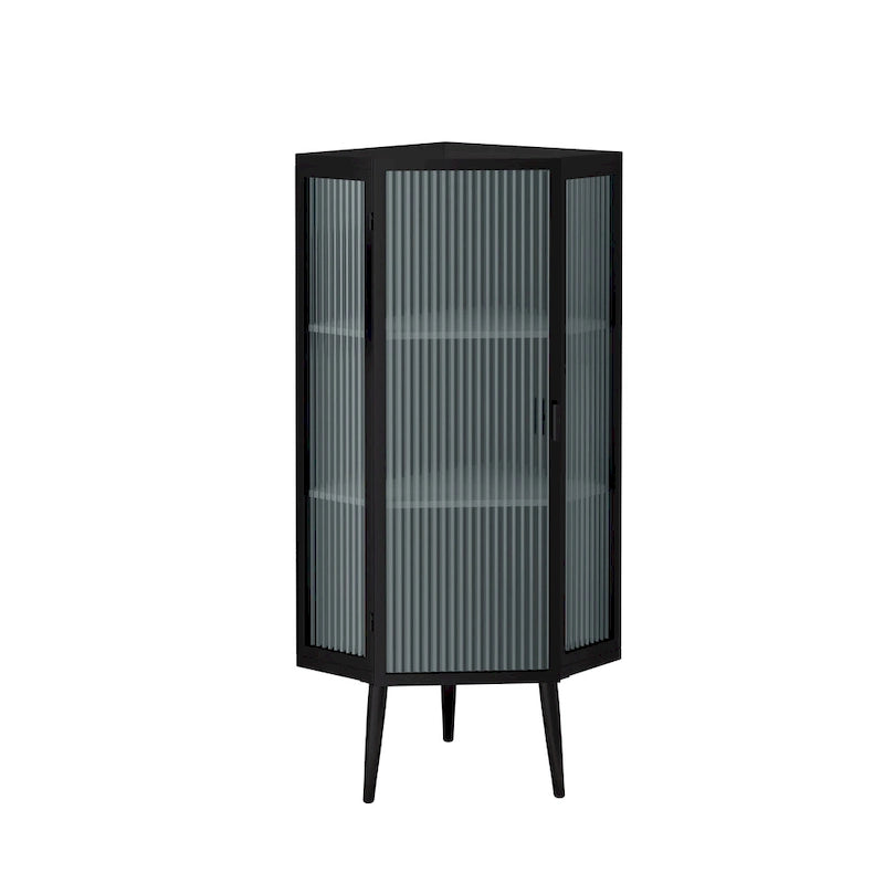 Meuble d'angle bas, 3 niveaux avec portes en verre trempé et étagères de rangement