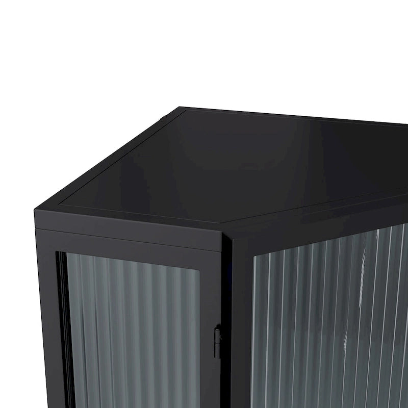 Meuble d'angle bas, 3 niveaux avec portes en verre trempé et étagères de rangement