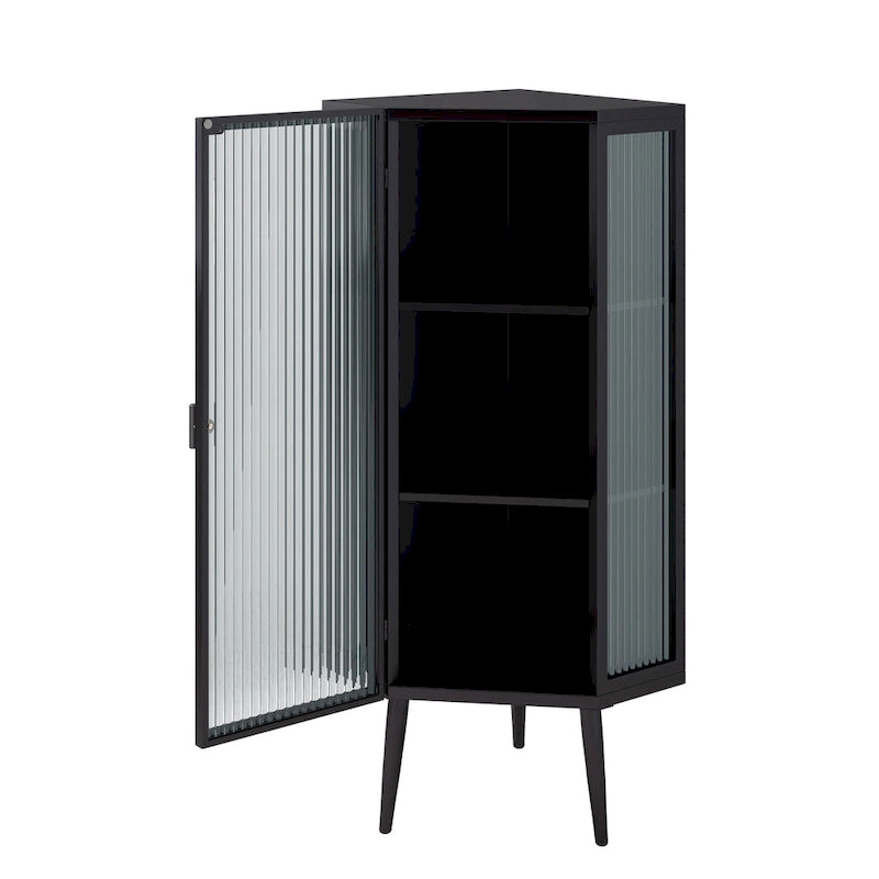 Meuble d'angle bas, 3 niveaux avec portes en verre trempé et étagères de rangement