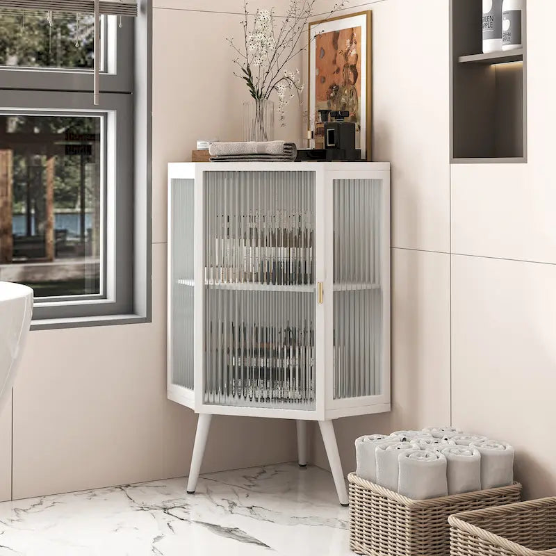 Meuble d'angle bas, 3 niveaux avec portes en verre trempé et étagères de rangement