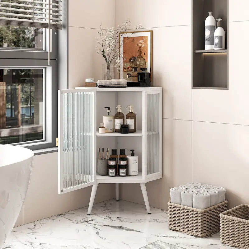 Meuble d'angle bas, 3 niveaux avec portes en verre trempé et étagères de rangement