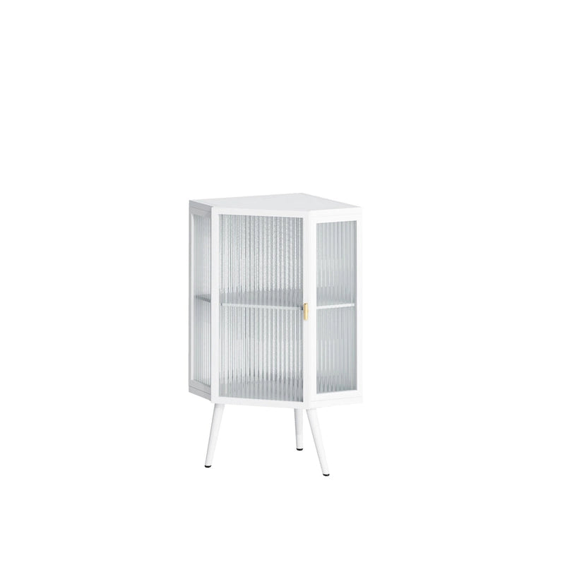 Meuble d'angle bas, 3 niveaux avec portes en verre trempé et étagères de rangement