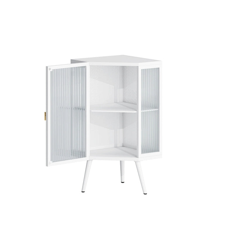Meuble d'angle bas, 3 niveaux avec portes en verre trempé et étagères de rangement