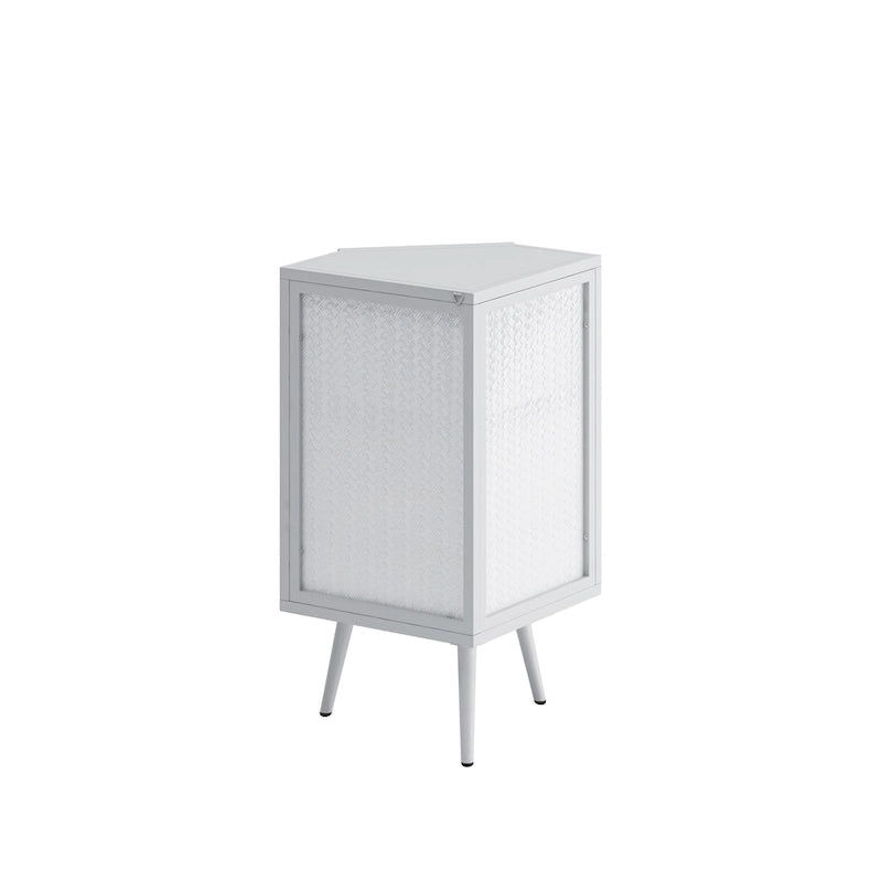 Meuble d'angle bas, 3 niveaux avec portes en verre trempé et étagères de rangement