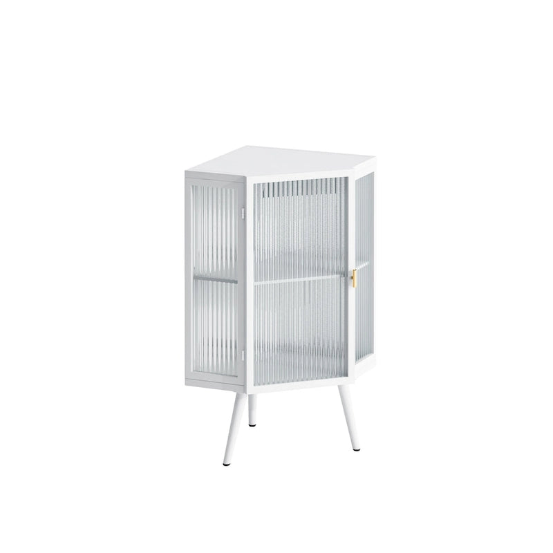 Meuble d'angle bas, 3 niveaux avec portes en verre trempé et étagères de rangement