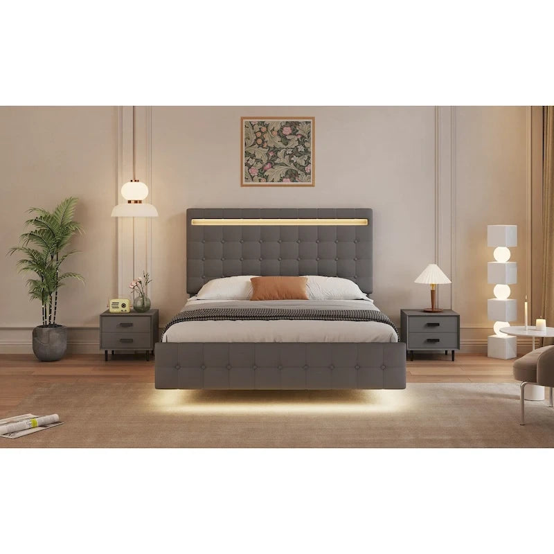 Cadre de lit plateforme Queen avec lumières LED, tête de lit et pied de lit rembourrés, lattes en bois