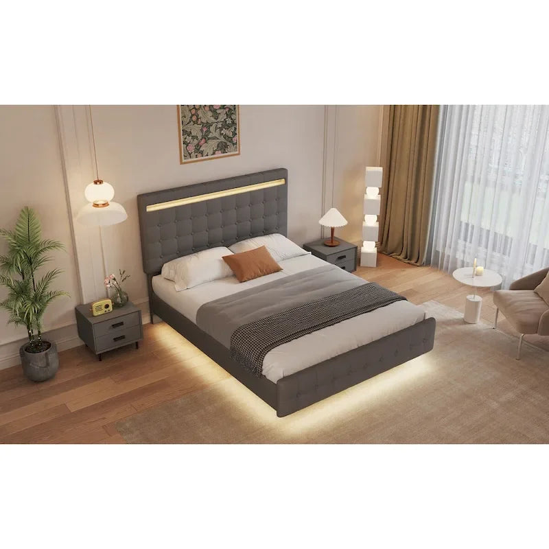 Cadre de lit plateforme Queen avec lumières LED, tête de lit et pied de lit rembourrés, lattes en bois