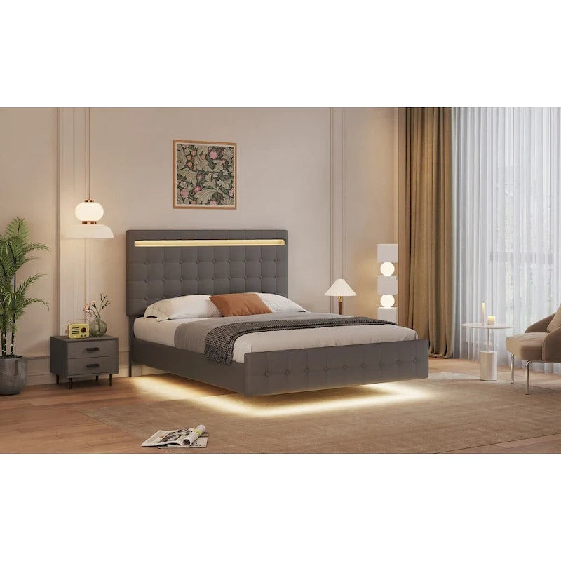 Cadre de lit plateforme Queen avec lumières LED, tête de lit et pied de lit rembourrés, lattes en bois