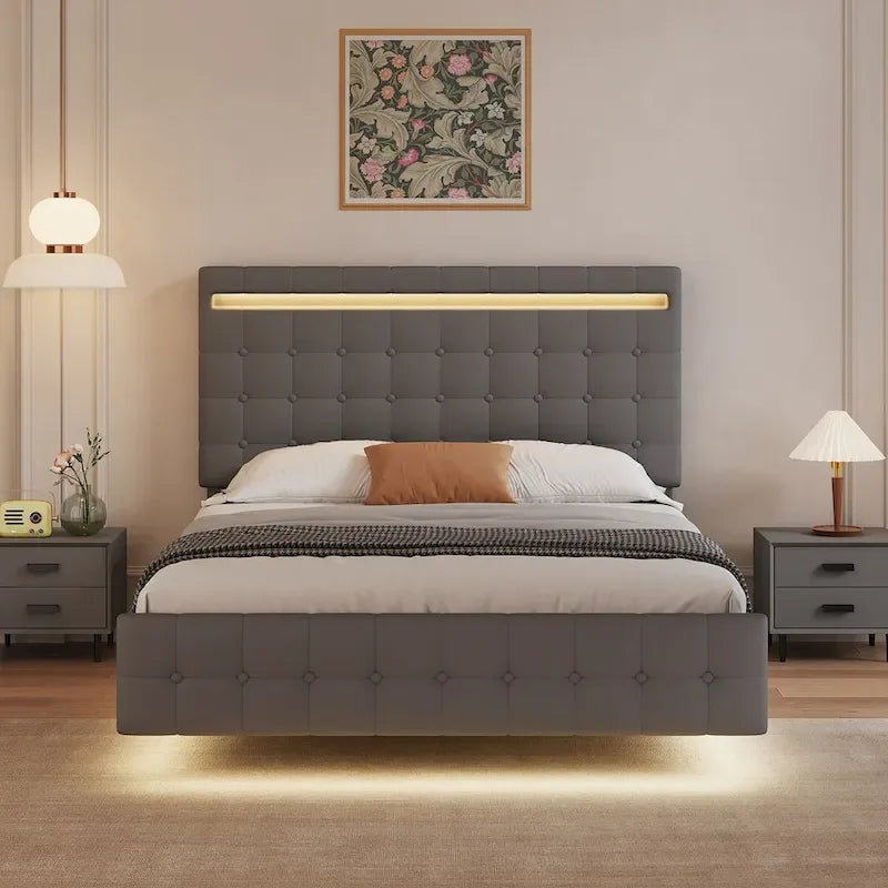 Cadre de lit plateforme Queen avec lumières LED, tête de lit et pied de lit rembourrés, lattes en bois
