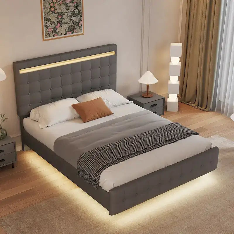 Cadre de lit plateforme Queen avec lumières LED, tête de lit et pied de lit rembourrés, lattes en bois