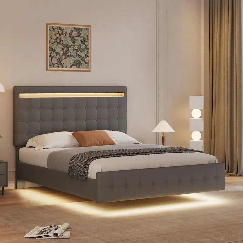 Cadre de lit plateforme Queen avec lumières LED, tête de lit et pied de lit rembourrés, lattes en bois