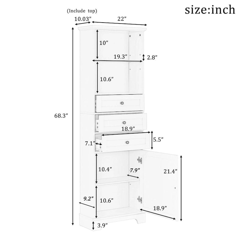 Armoire de rangement haute avec 3 tiroirs et étagères réglables pour salle de bain