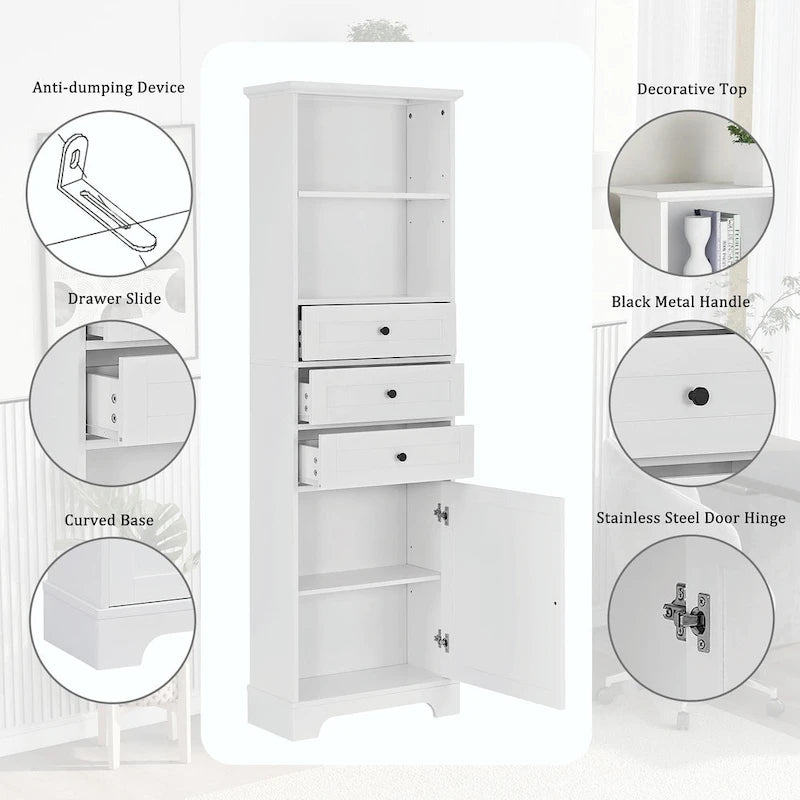 Armoire de rangement haute avec 3 tiroirs et étagères réglables pour salle de bain