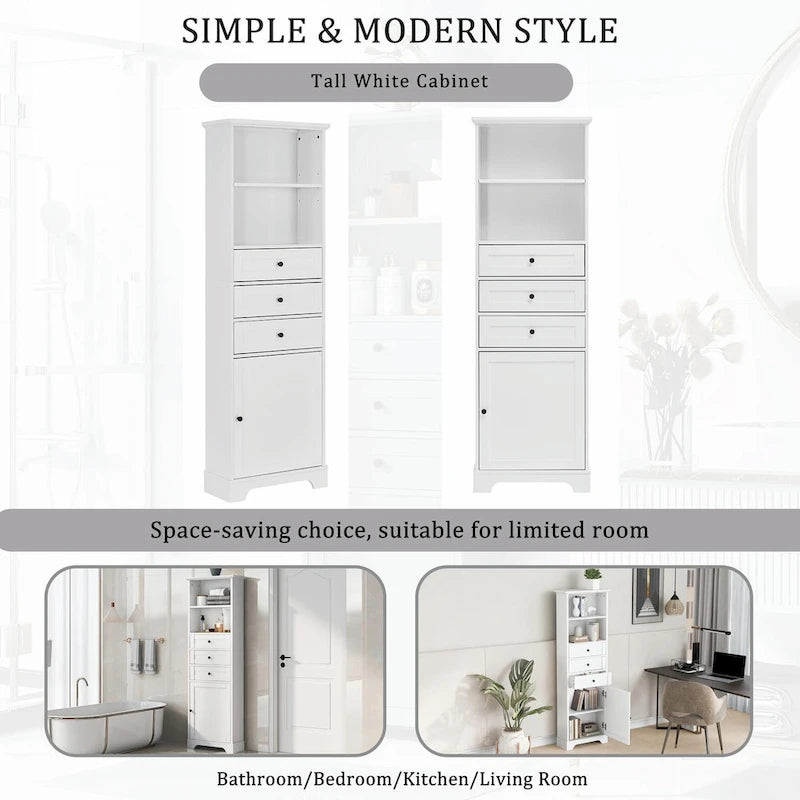 Armoire de rangement haute avec 3 tiroirs et étagères réglables pour salle de bain