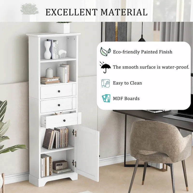 Armoire de rangement haute avec 3 tiroirs et étagères réglables pour salle de bain