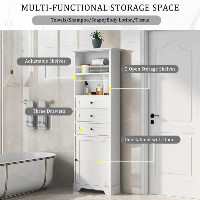 Armoire de rangement haute avec 3 tiroirs et étagères réglables pour salle de bain