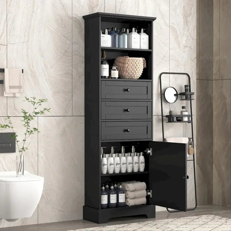 Armoire de rangement haute avec 3 tiroirs et étagères réglables pour salle de bain