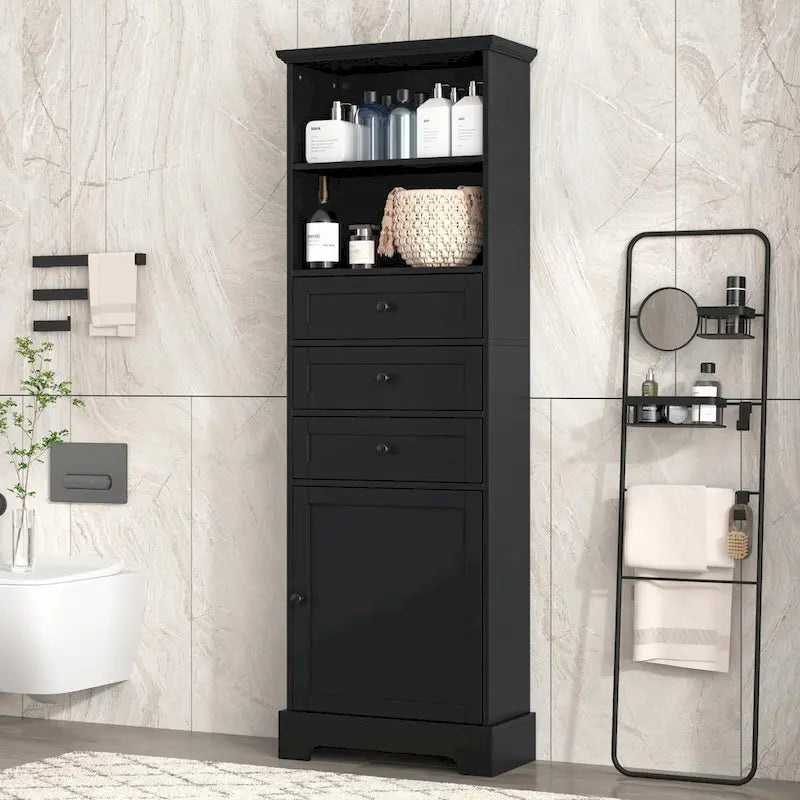 Armoire de rangement haute avec 3 tiroirs et étagères réglables pour salle de bain