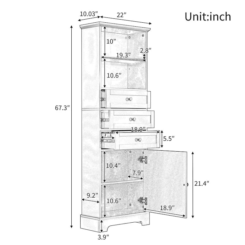 Armoire de rangement haute avec 3 tiroirs et étagères réglables pour salle de bain