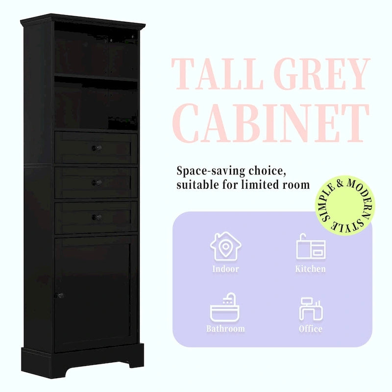 Armoire de rangement haute avec 3 tiroirs et étagères réglables pour salle de bain