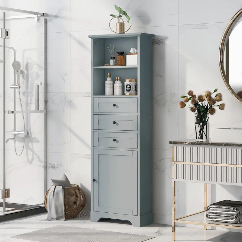 Armoire de rangement haute avec 3 tiroirs et étagères réglables pour salle de bain