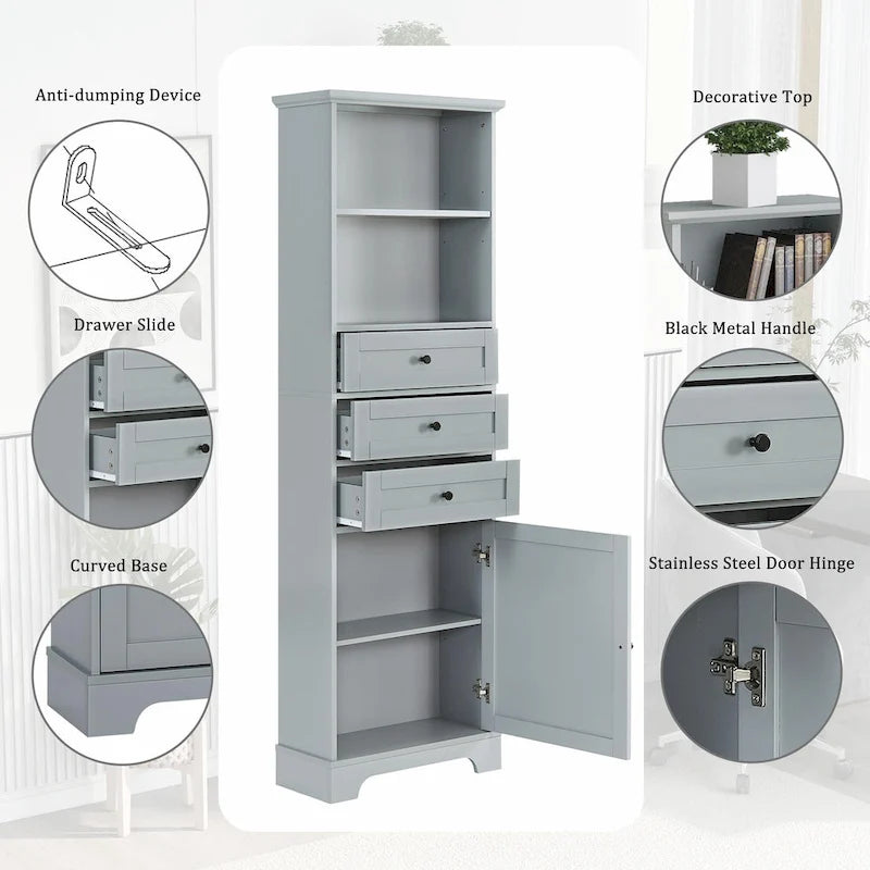 Armoire de rangement haute avec 3 tiroirs et étagères réglables pour salle de bain
