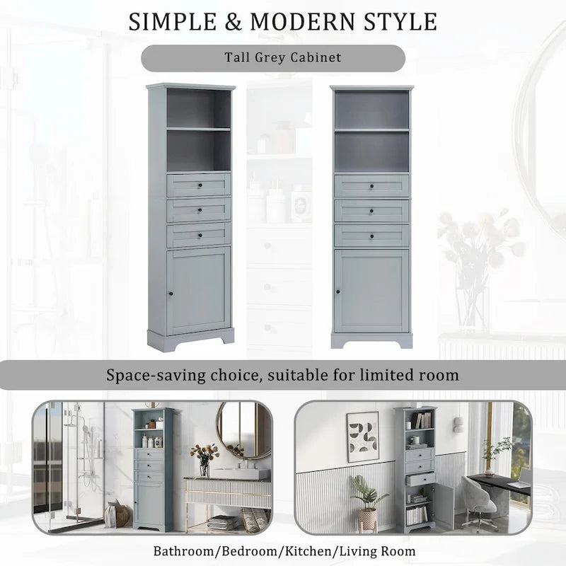 Armoire de rangement haute avec 3 tiroirs et étagères réglables pour salle de bain
